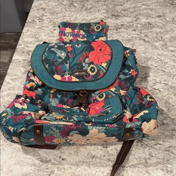 Sakroots Teal and Multicolor Floral Backpack with small pouch - Picture 1 of 10